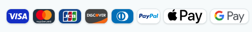 Visa, Mastercard, JCB, Discover, Diners Club, PayPal, Apple Pay, Google Pay